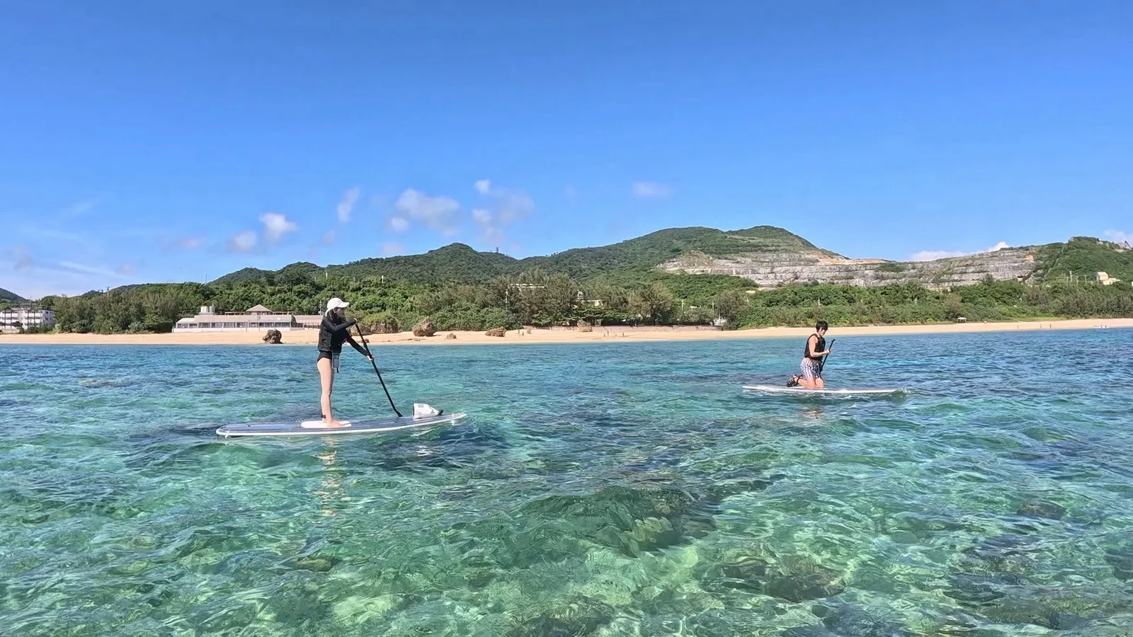 青い海と緑の丘を背景にパドルボードを漕ぐ人